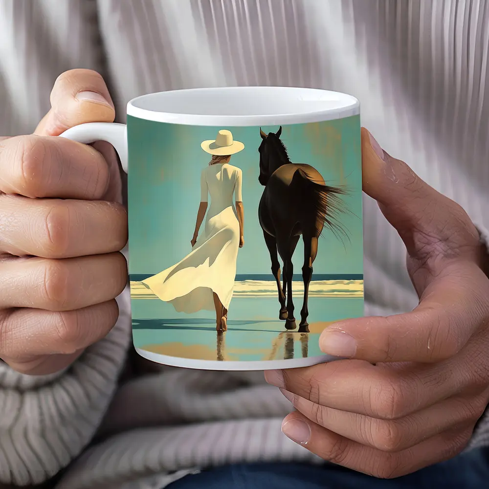 Woman White Dress Horse Beach Painting – Mugs