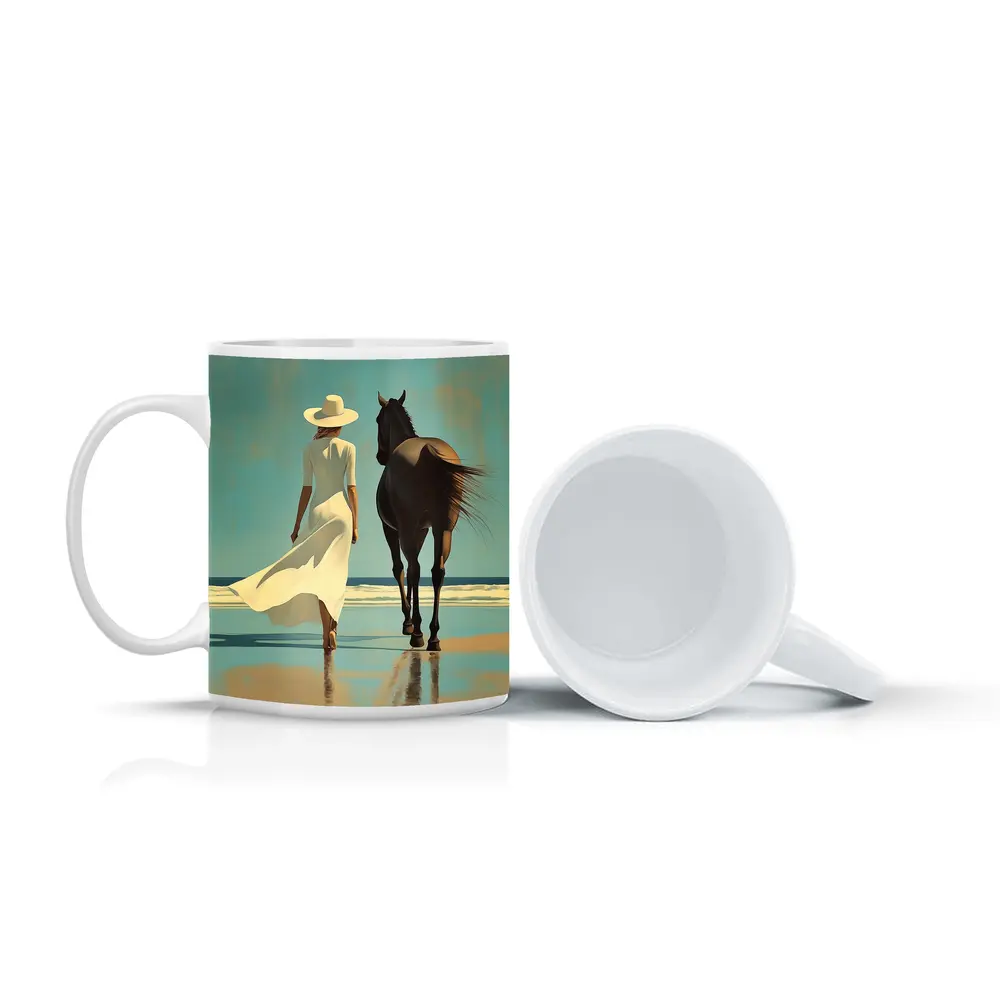 Woman White Dress Horse Beach Painting – Mugs