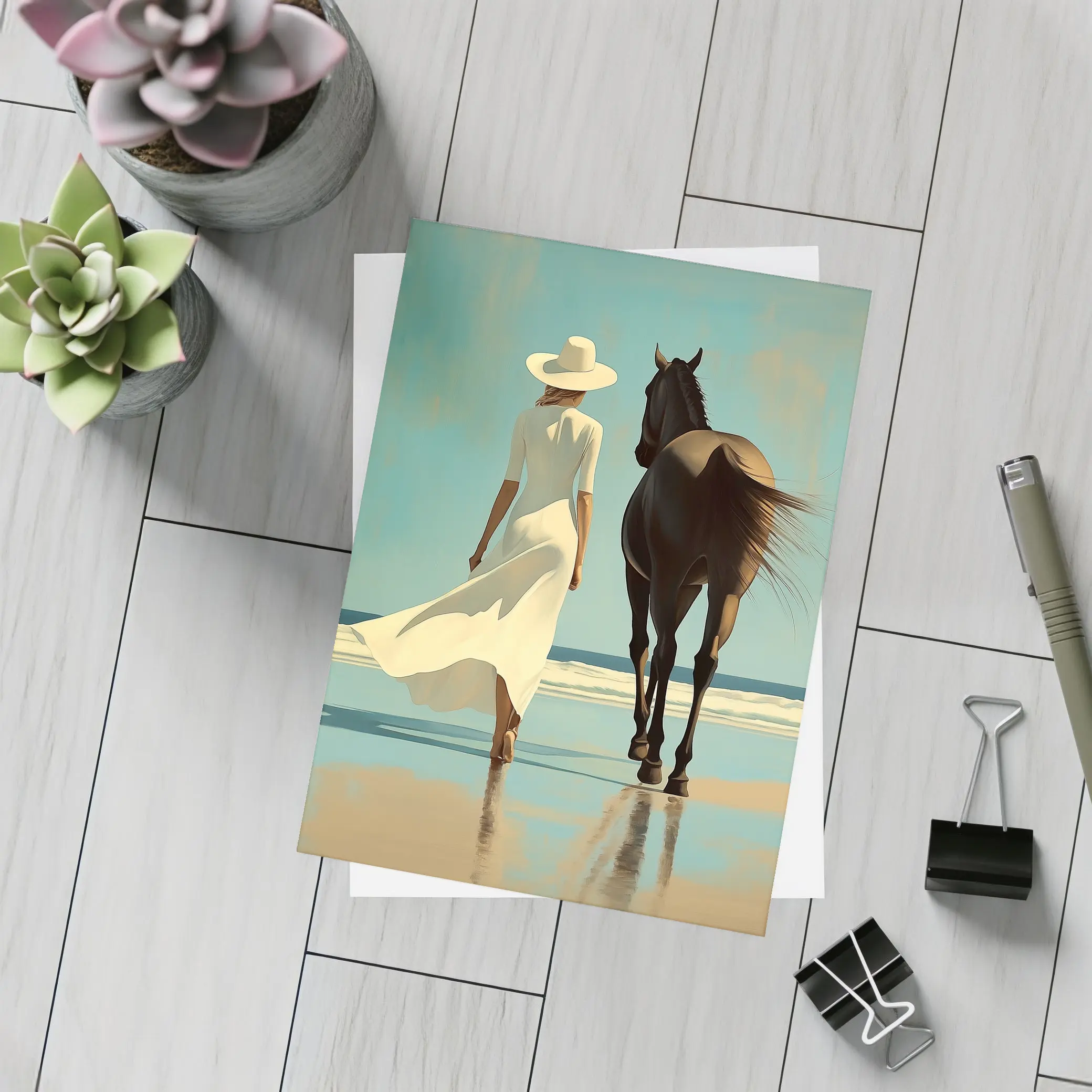 Woman White Dress Horse Beach Painting – Postcards