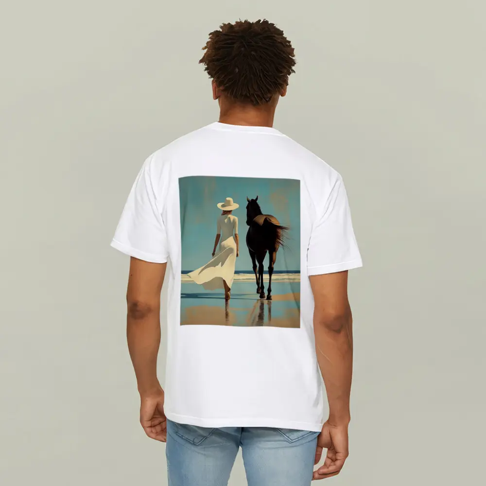Woman White Dress Horse Beach Painting – T-Shirts