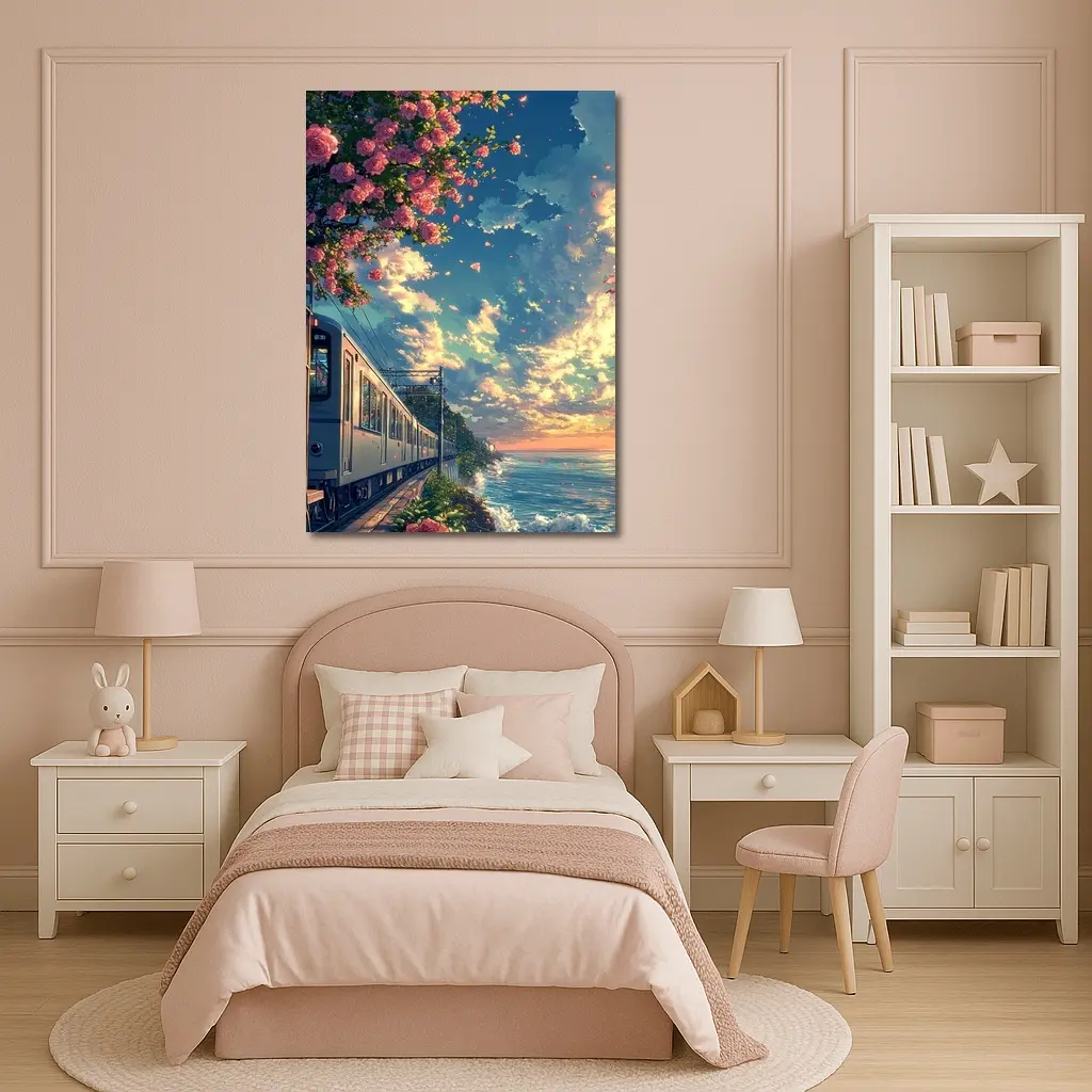 Anime Train Coastal Sunset Pink Roses – Wall Art