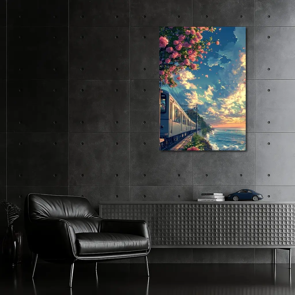 Anime Train Coastal Sunset Pink Roses – Wall Art