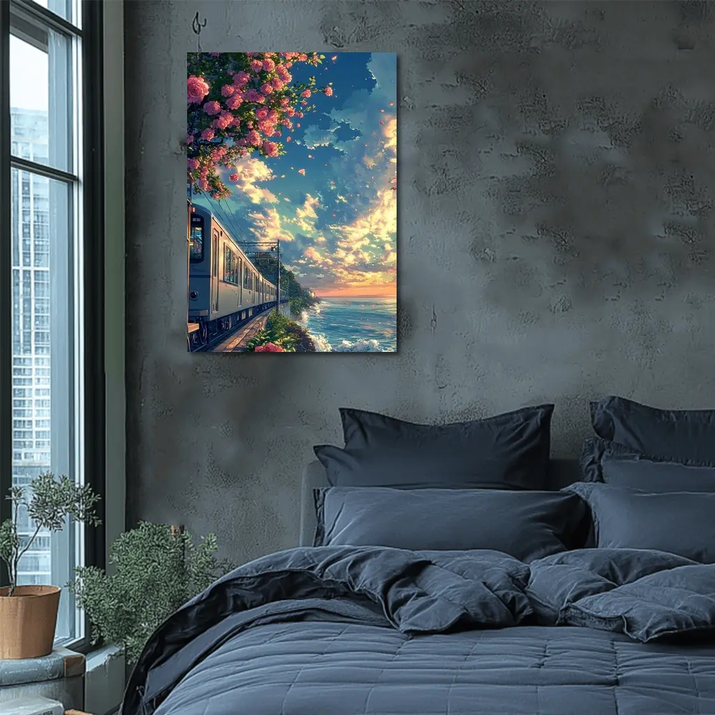 Anime Train Coastal Sunset Pink Roses – Wall Art