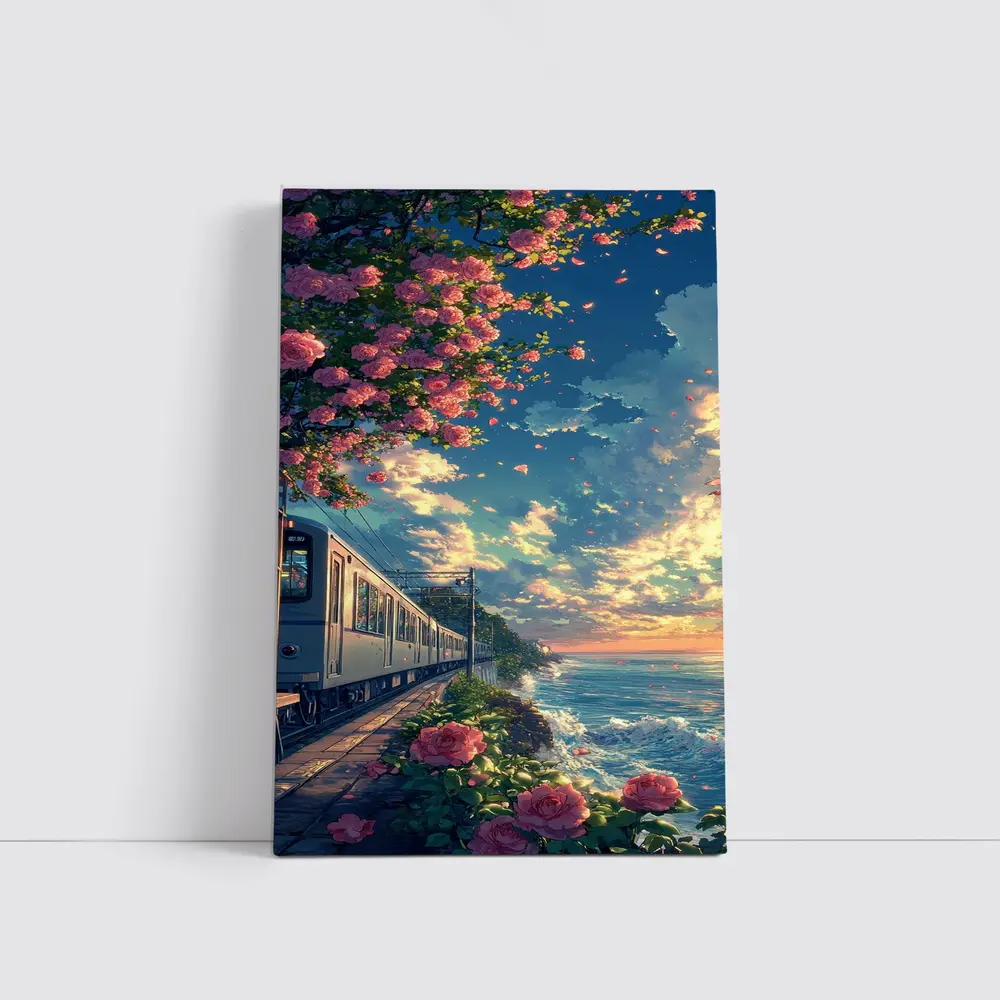 Anime Train Coastal Sunset Pink Roses – Wall Art