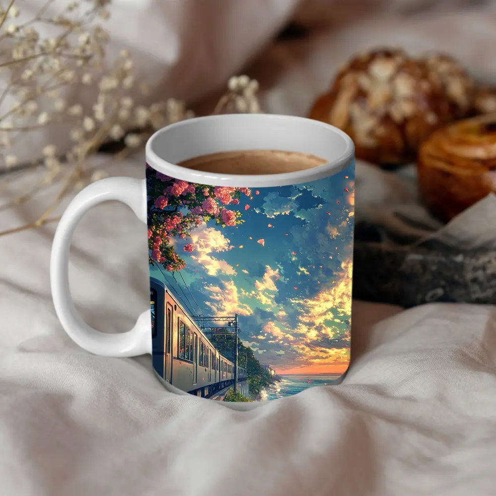 Anime Train Coastal Sunset Pink Roses – Mugs