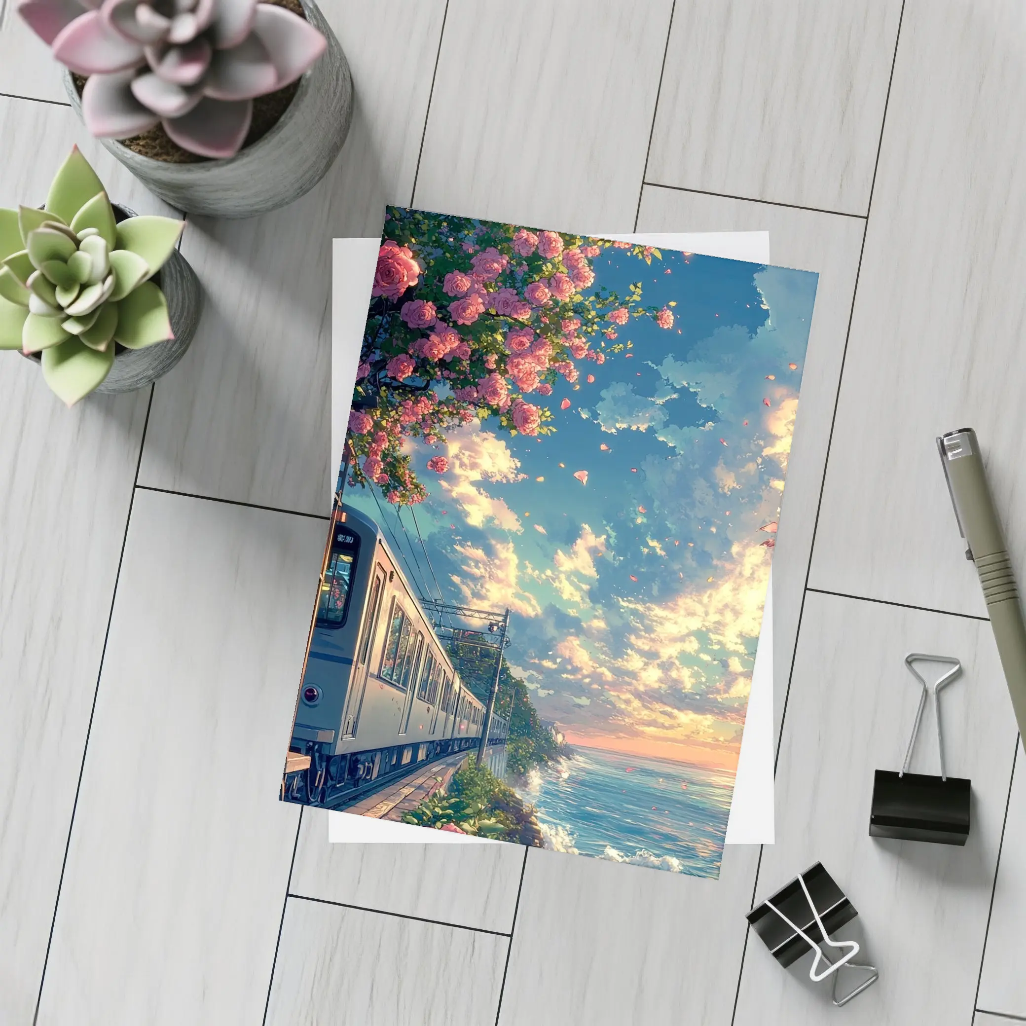 Anime Train Coastal Sunset Pink Roses – Postcards
