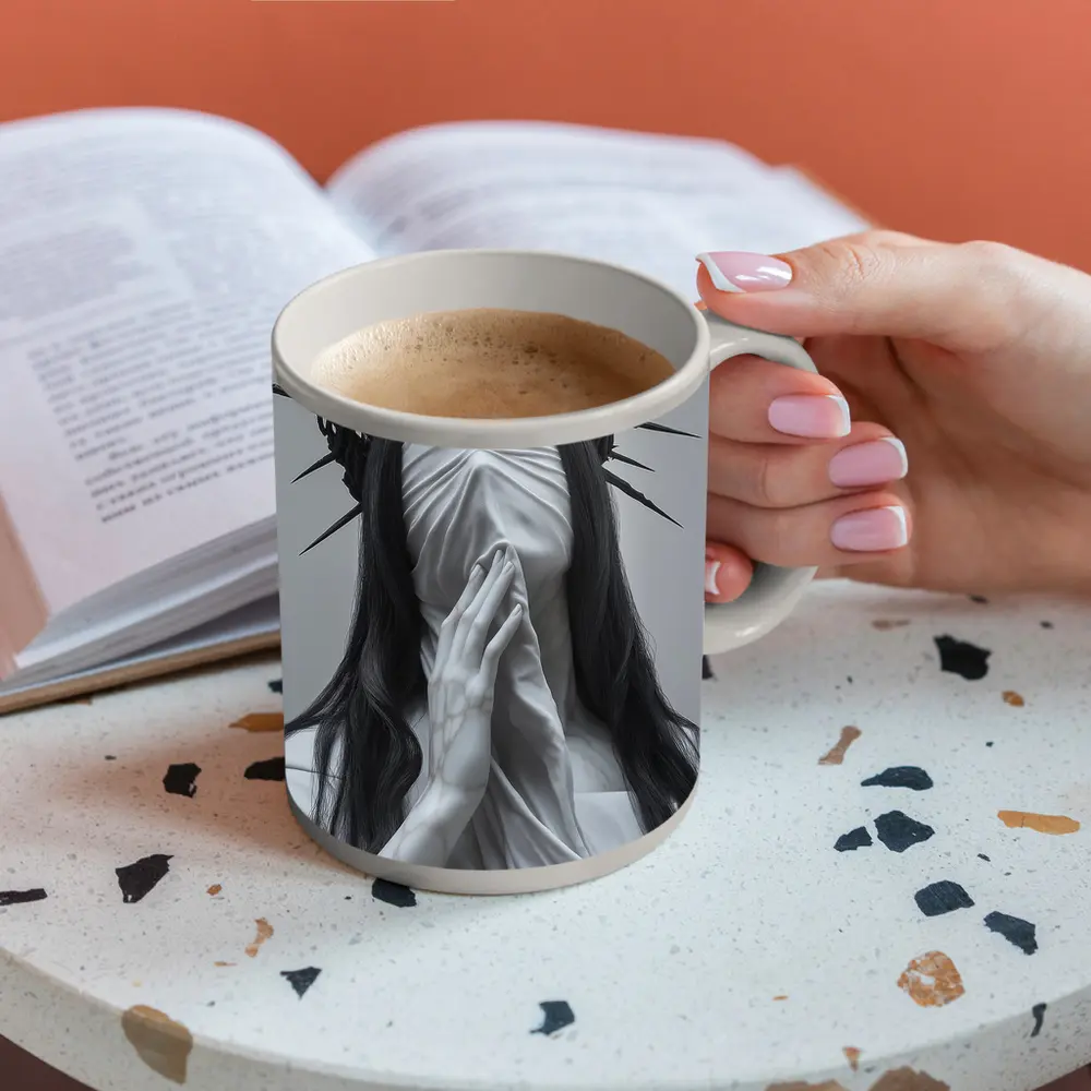 White Marble Figure Crown of Thorns Prayer – Mugs