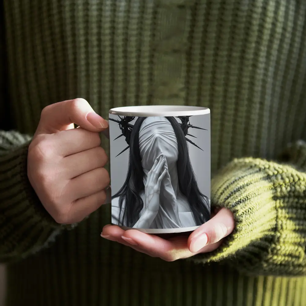 White Marble Figure Crown of Thorns Prayer – Mugs