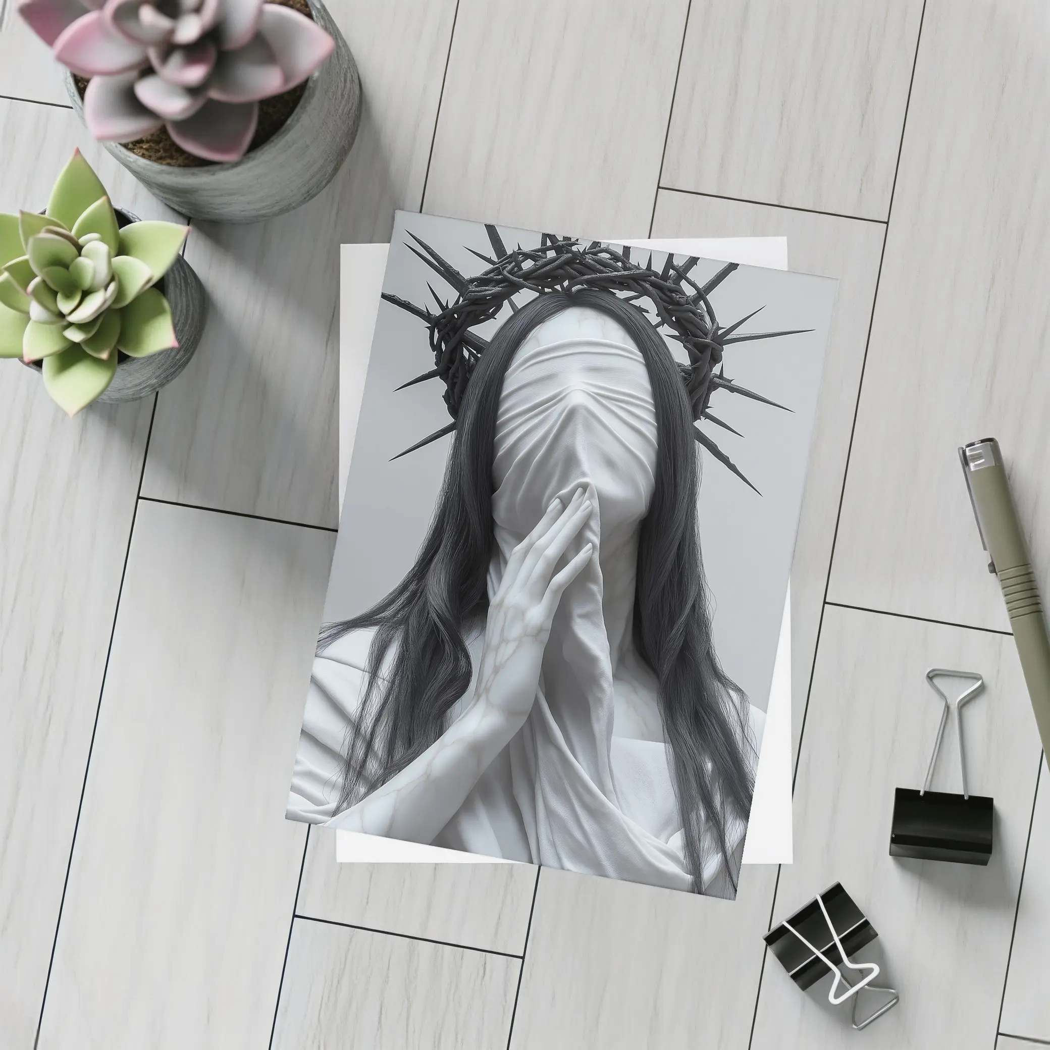 White Marble Figure Crown of Thorns Prayer – Postcards