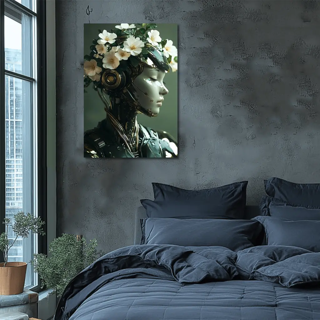 Futuristic Female Robot White Flowers Portrait – Wall Art