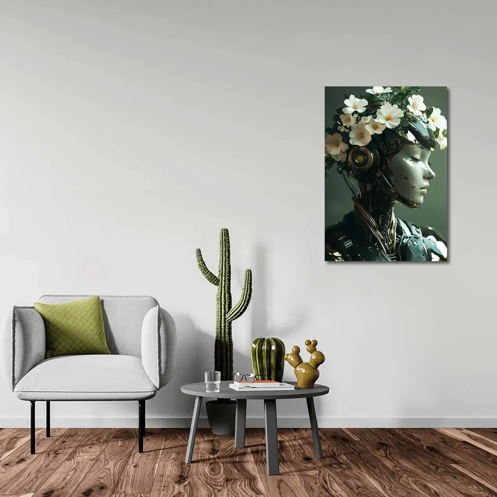 Futuristic Female Robot White Flowers Portrait – Wall Art