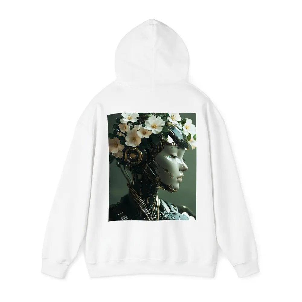 Futuristic Female Robot White Flowers Portrait – Hoodies