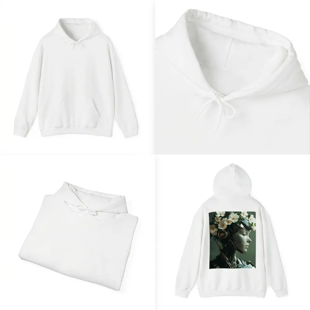 Futuristic Female Robot White Flowers Portrait – Hoodies