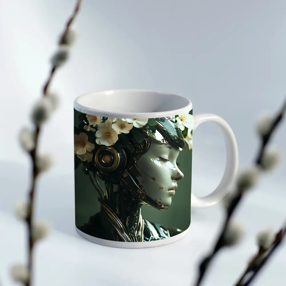 Futuristic Female Robot White Flowers Portrait – Mugs