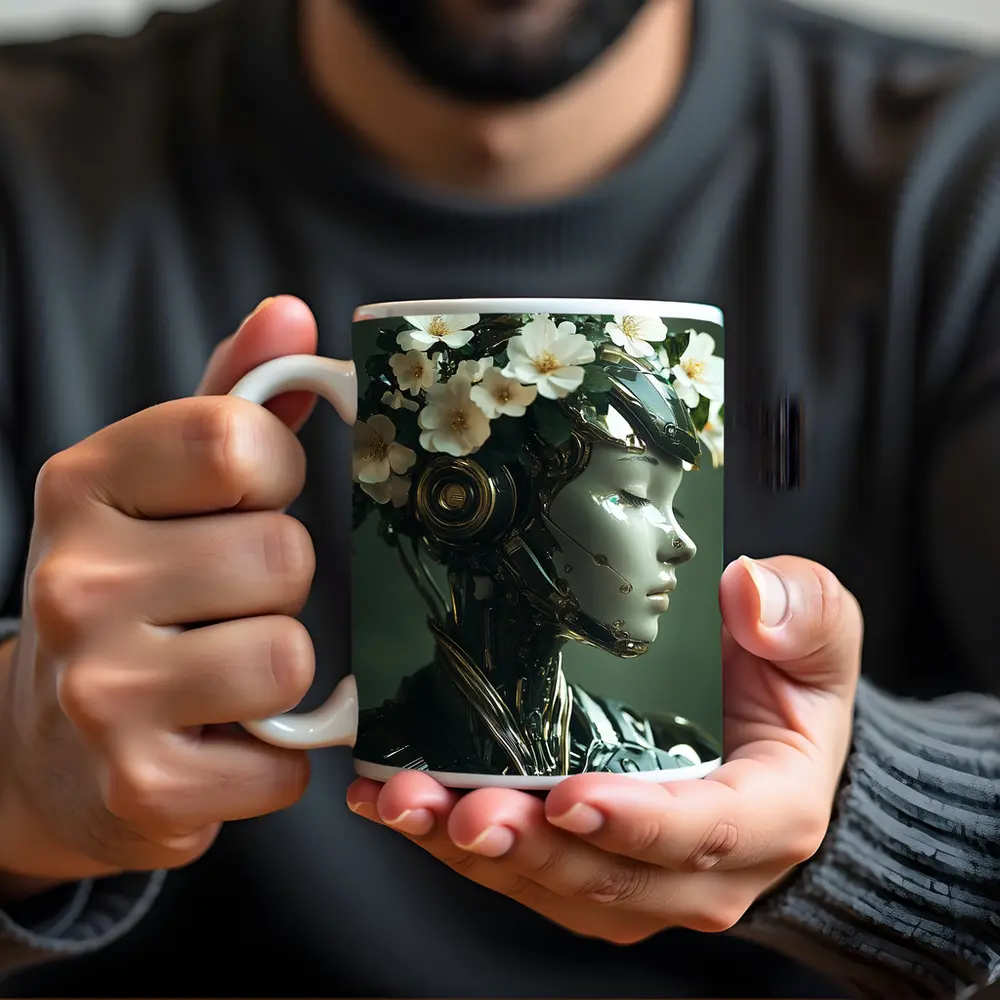Futuristic Female Robot White Flowers Portrait – Mugs