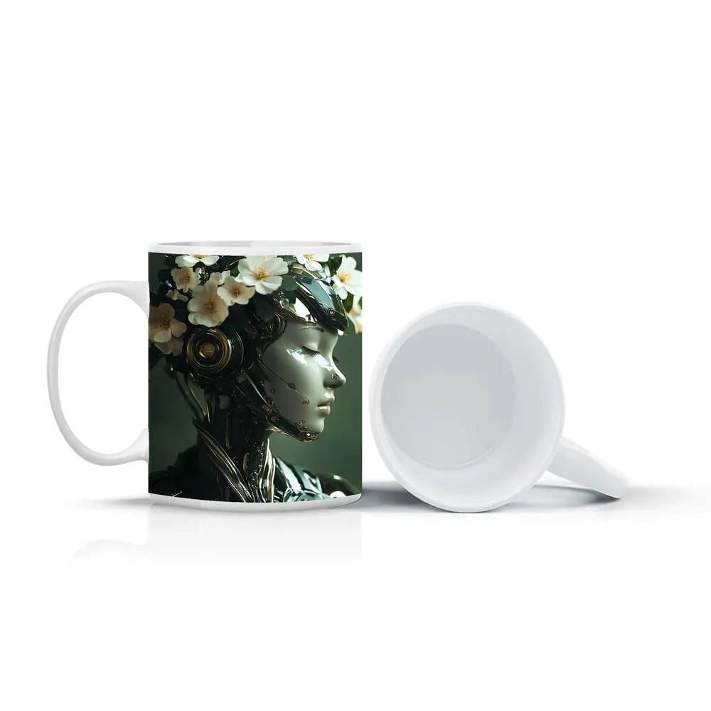 Futuristic Female Robot White Flowers Portrait – Mugs