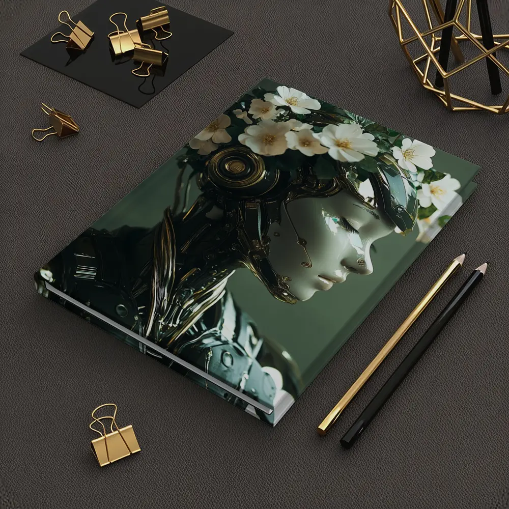 Futuristic Female Robot White Flowers Portrait – Notebooks