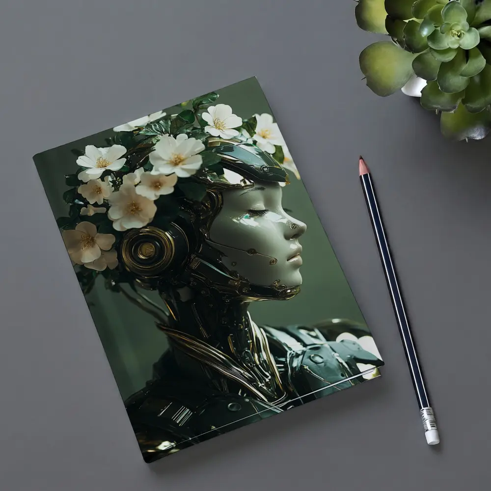 Futuristic Female Robot White Flowers Portrait – Notebooks