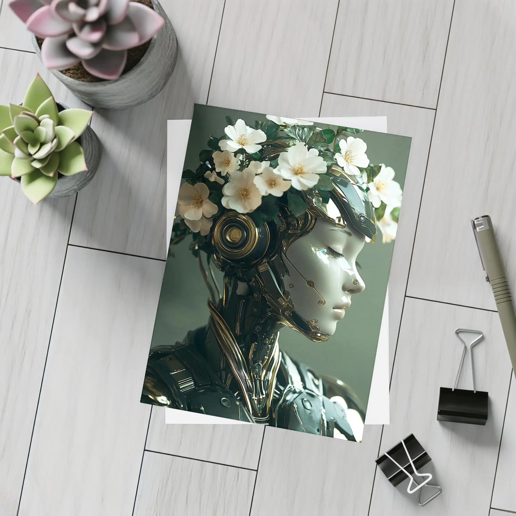 Futuristic Female Robot White Flowers Portrait – Postcards