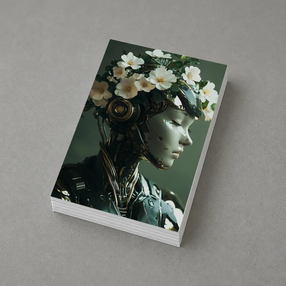 Futuristic Female Robot White Flowers Portrait – Postcards