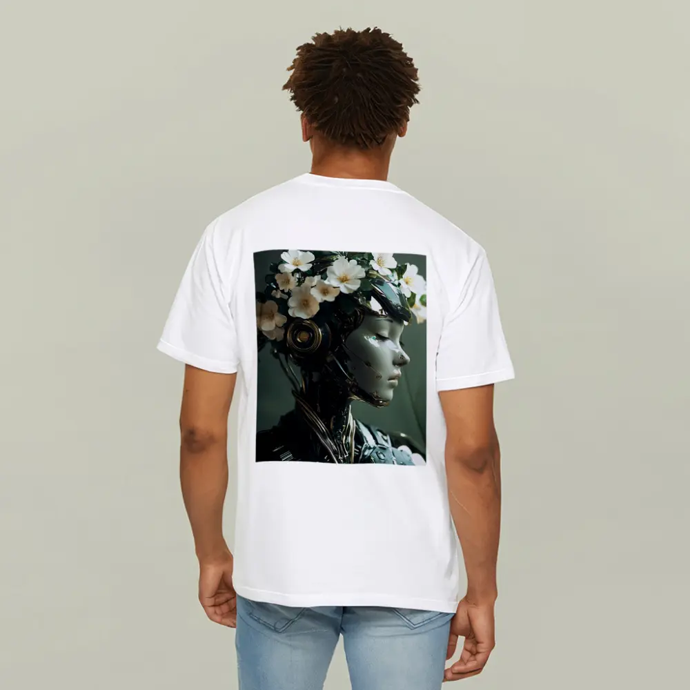 Futuristic Female Robot White Flowers Portrait – T-Shirts