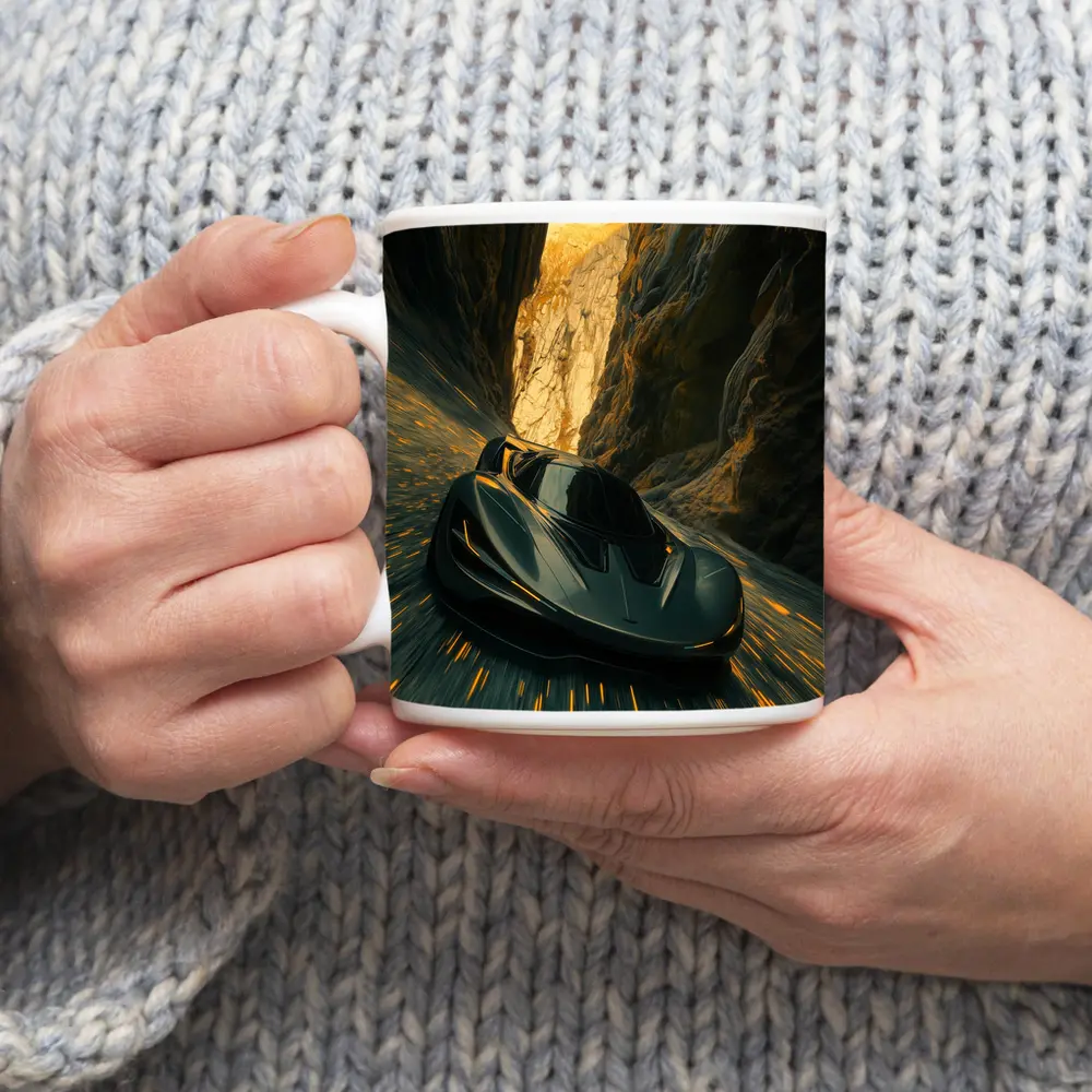 Dark Supercar Speeding Through Rocky Canyon – Mugs