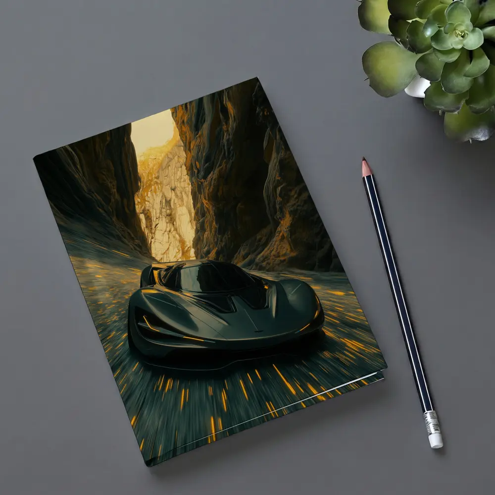 Dark Supercar Speeding Through Rocky Canyon – Notebooks