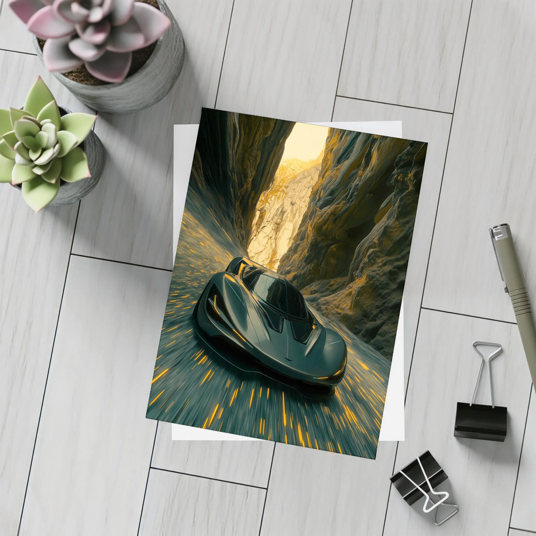 Dark Supercar Speeding Through Rocky Canyon – Postcards