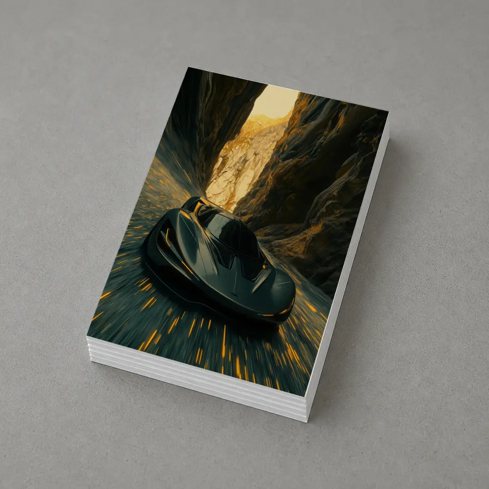 Dark Supercar Speeding Through Rocky Canyon – Postcards
