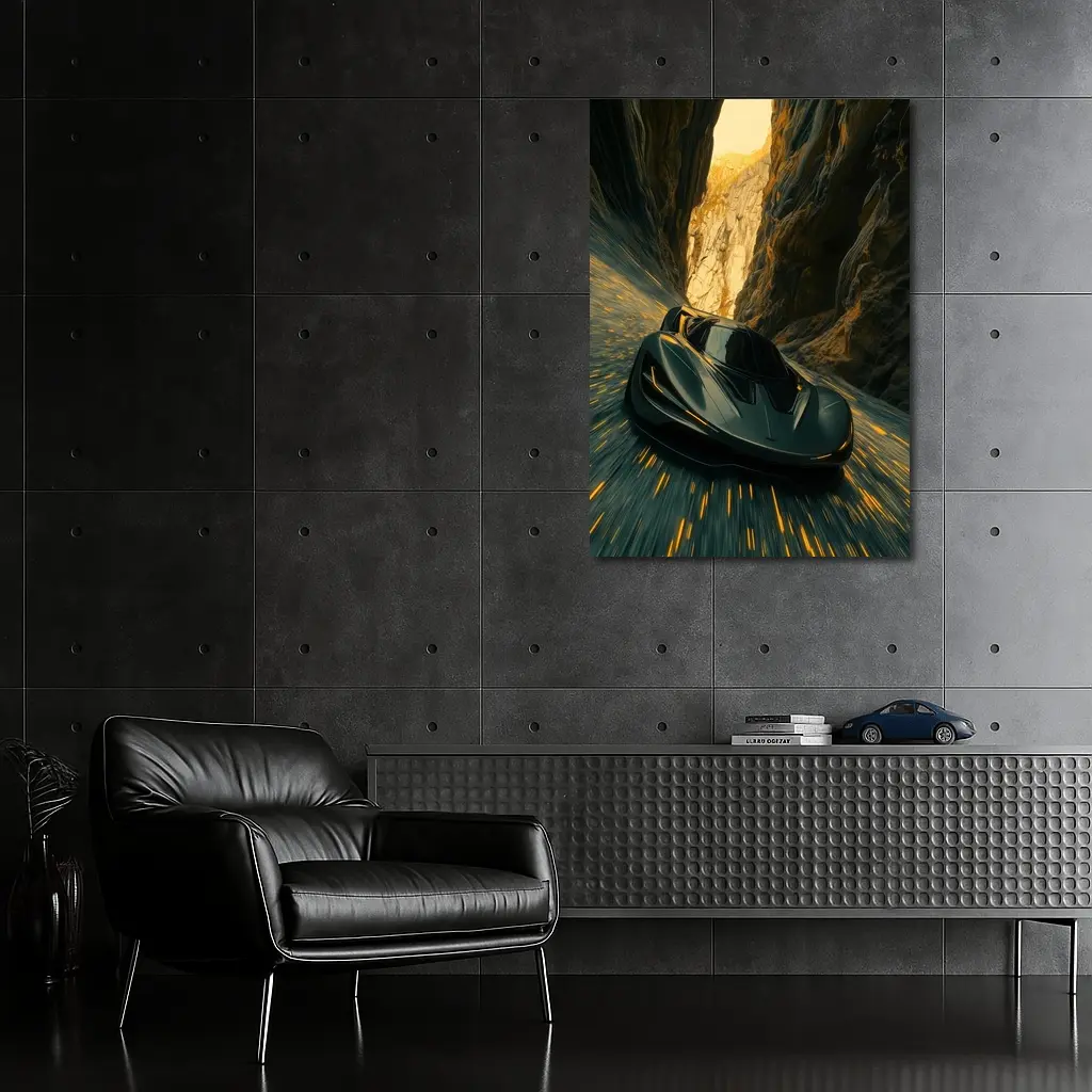 Dark Supercar Speeding Through Rocky Canyon – Wall Art