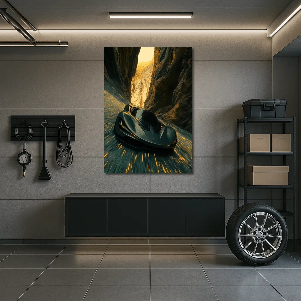 Dark Supercar Speeding Through Rocky Canyon – Wall Art