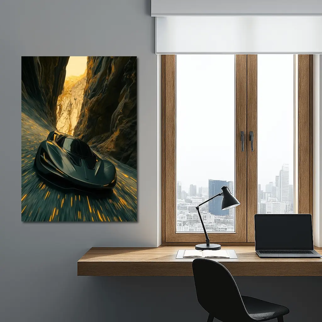 Dark Supercar Speeding Through Rocky Canyon – Wall Art