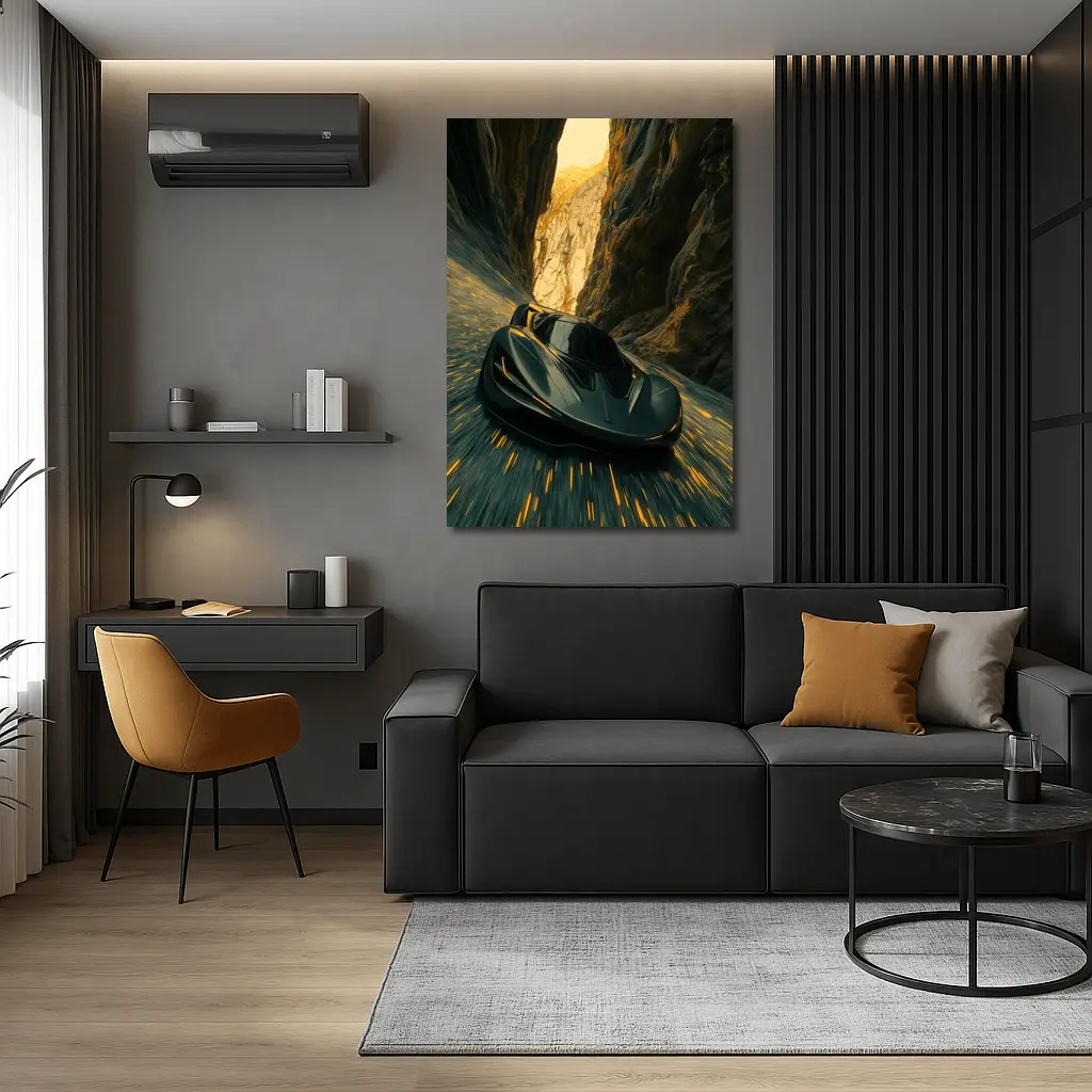 Dark Supercar Speeding Through Rocky Canyon – Wall Art