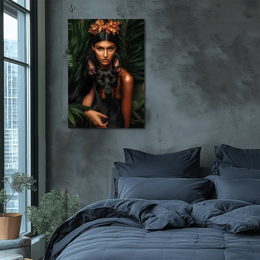 Woman With Doberman Pinscher Tropical Leaves – Wall Art