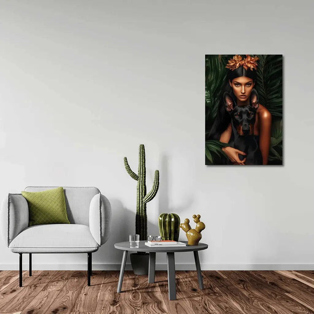 Woman With Doberman Pinscher Tropical Leaves – Wall Art
