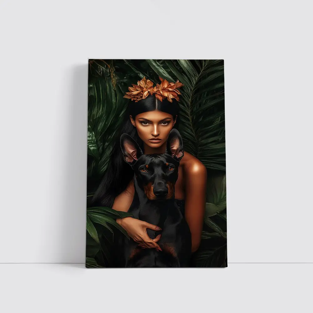 Woman With Doberman Pinscher Tropical Leaves – Wall Art
