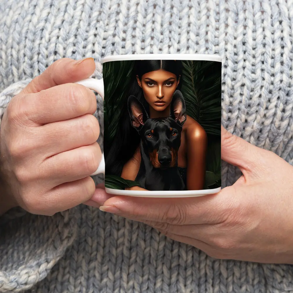 Woman With Doberman Pinscher Tropical Leaves – Mugs