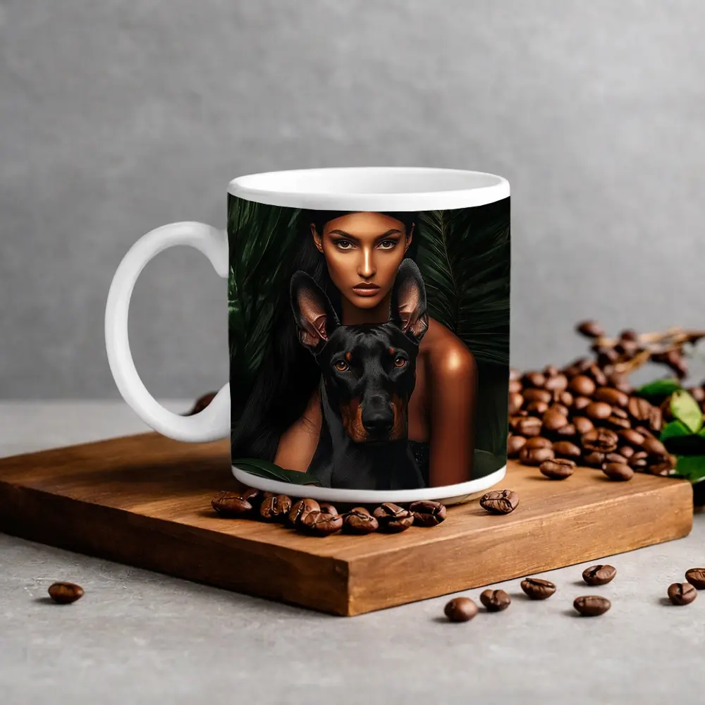 Woman With Doberman Pinscher Tropical Leaves – Mugs