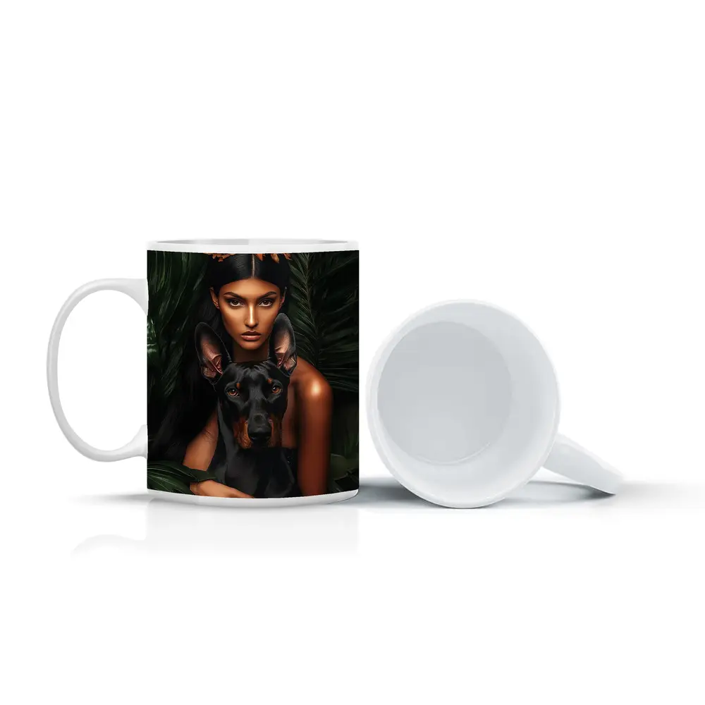 Woman With Doberman Pinscher Tropical Leaves – Mugs