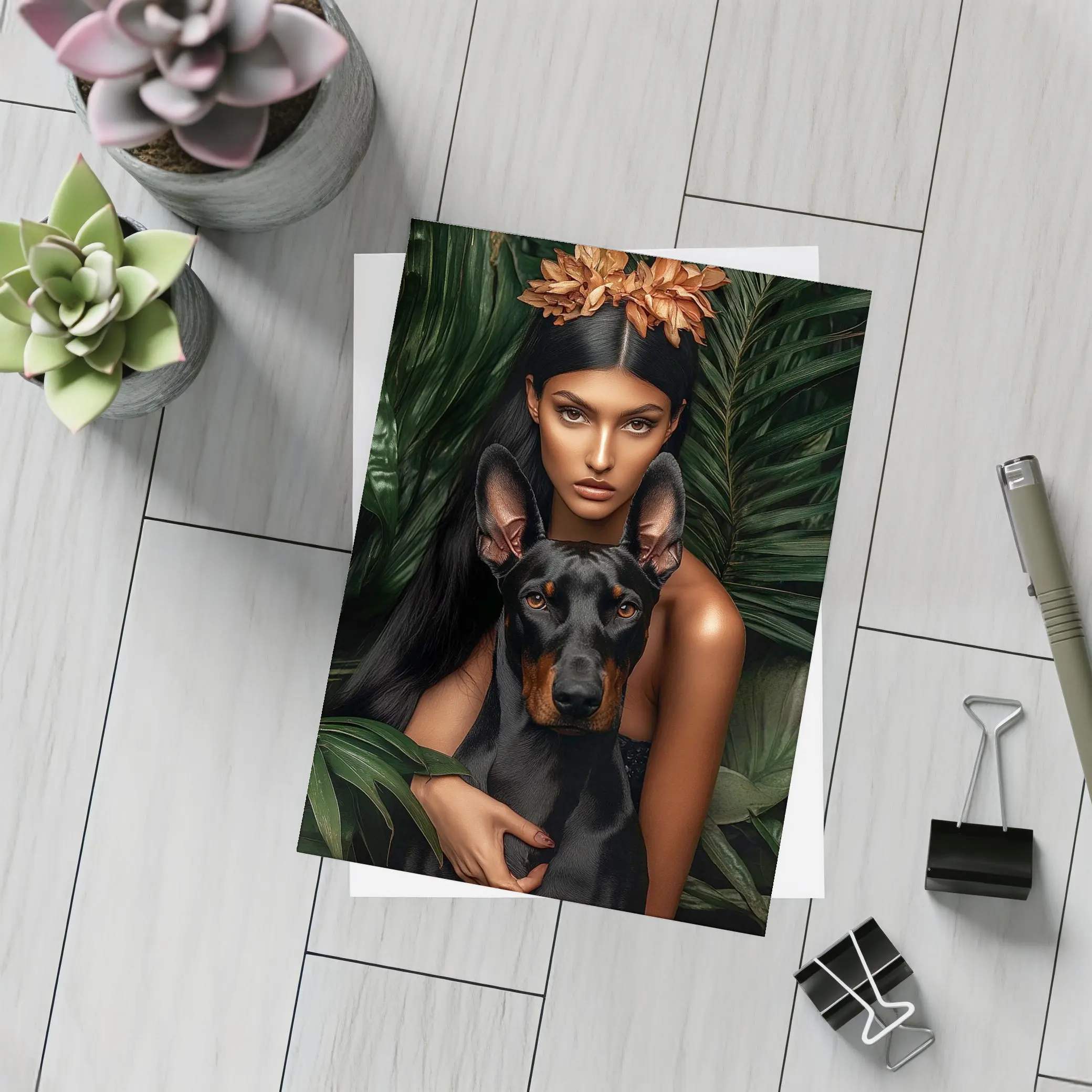 Woman With Doberman Pinscher Tropical Leaves – Postcards