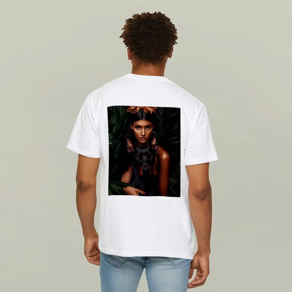 Woman With Doberman Pinscher Tropical Leaves – T-Shirts