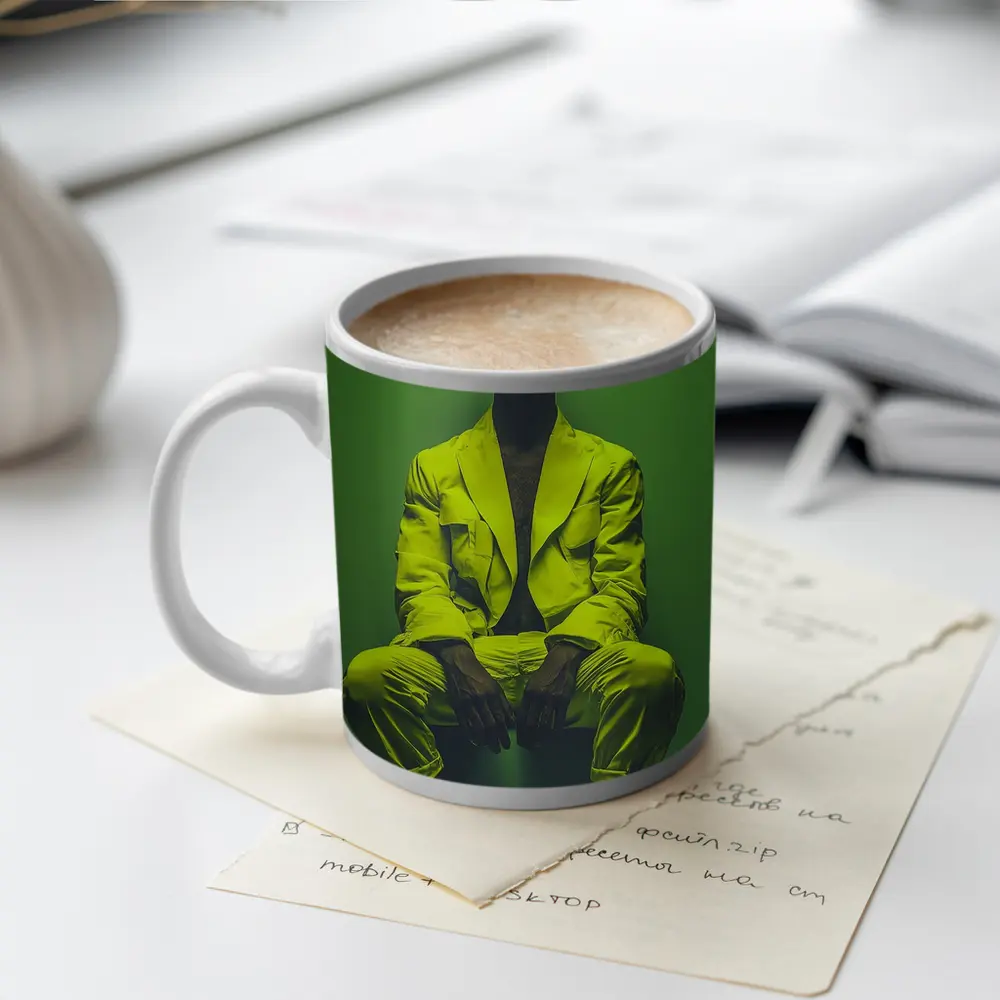 Rabbit Wearing Yellow Suit Green Background – Mugs