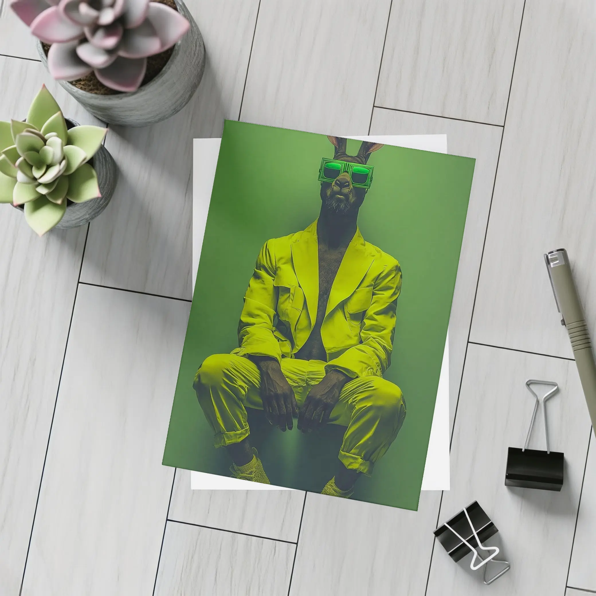 Rabbit Wearing Yellow Suit Green Background – Postcards