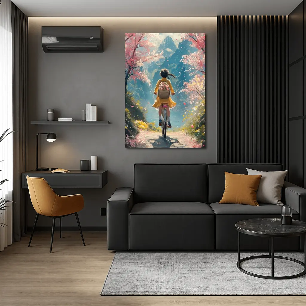 Anime Girl Cycling Cherry Blossom Mountain Path – Wall Art