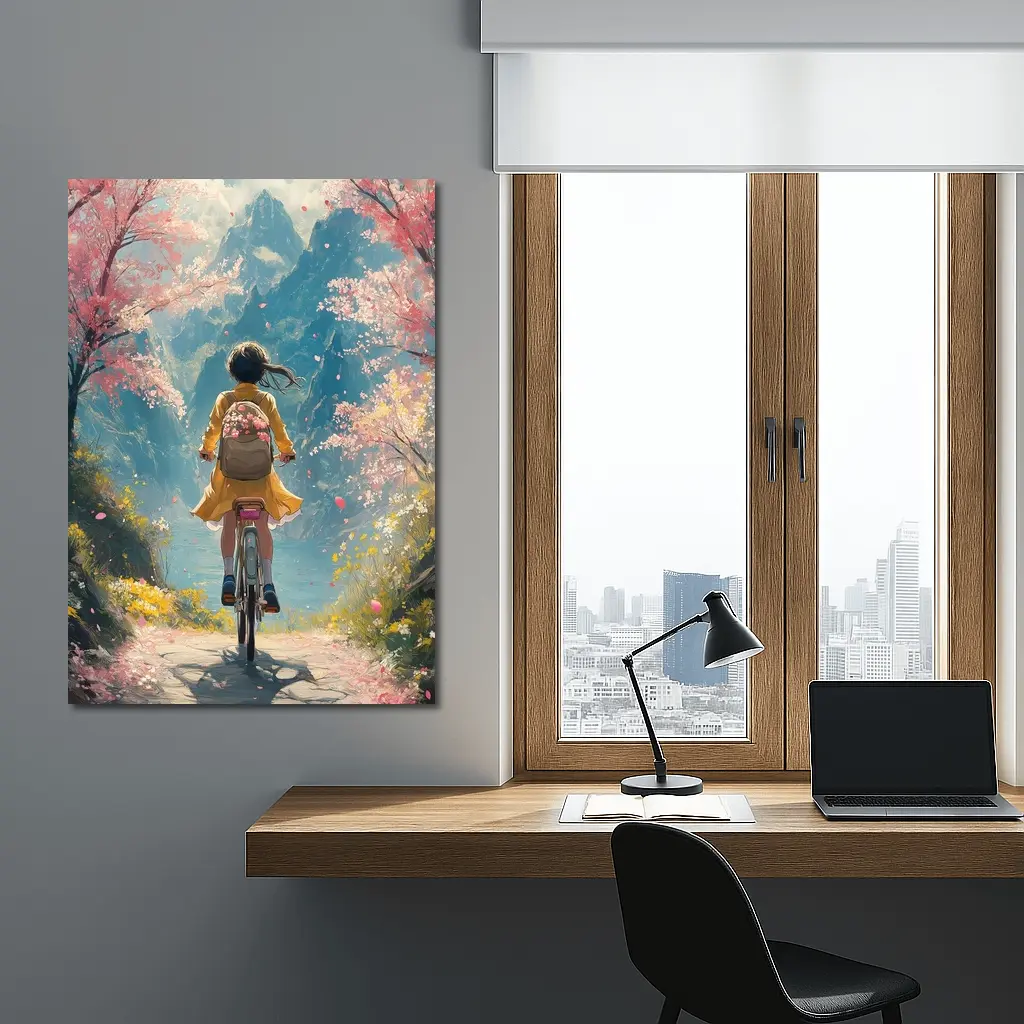 Anime Girl Cycling Cherry Blossom Mountain Path – Wall Art
