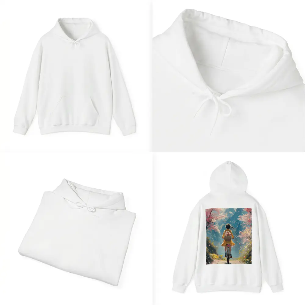 Anime Girl Cycling Cherry Blossom Mountain Path – Hoodies