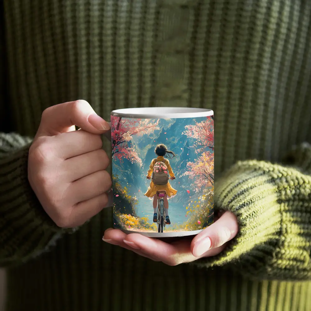 Anime Girl Cycling Cherry Blossom Mountain Path – Mugs