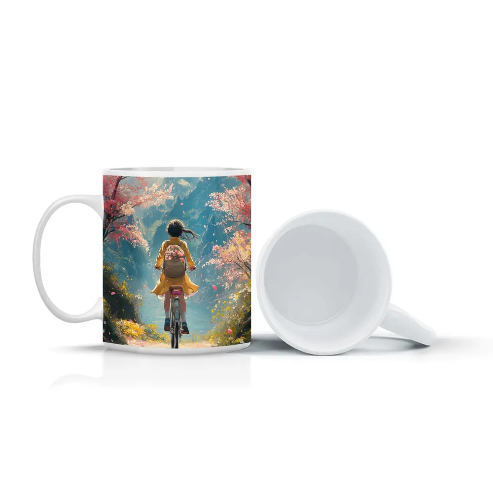 Anime Girl Cycling Cherry Blossom Mountain Path – Mugs