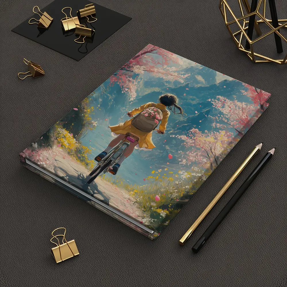 Anime Girl Cycling Cherry Blossom Mountain Path – Notebooks
