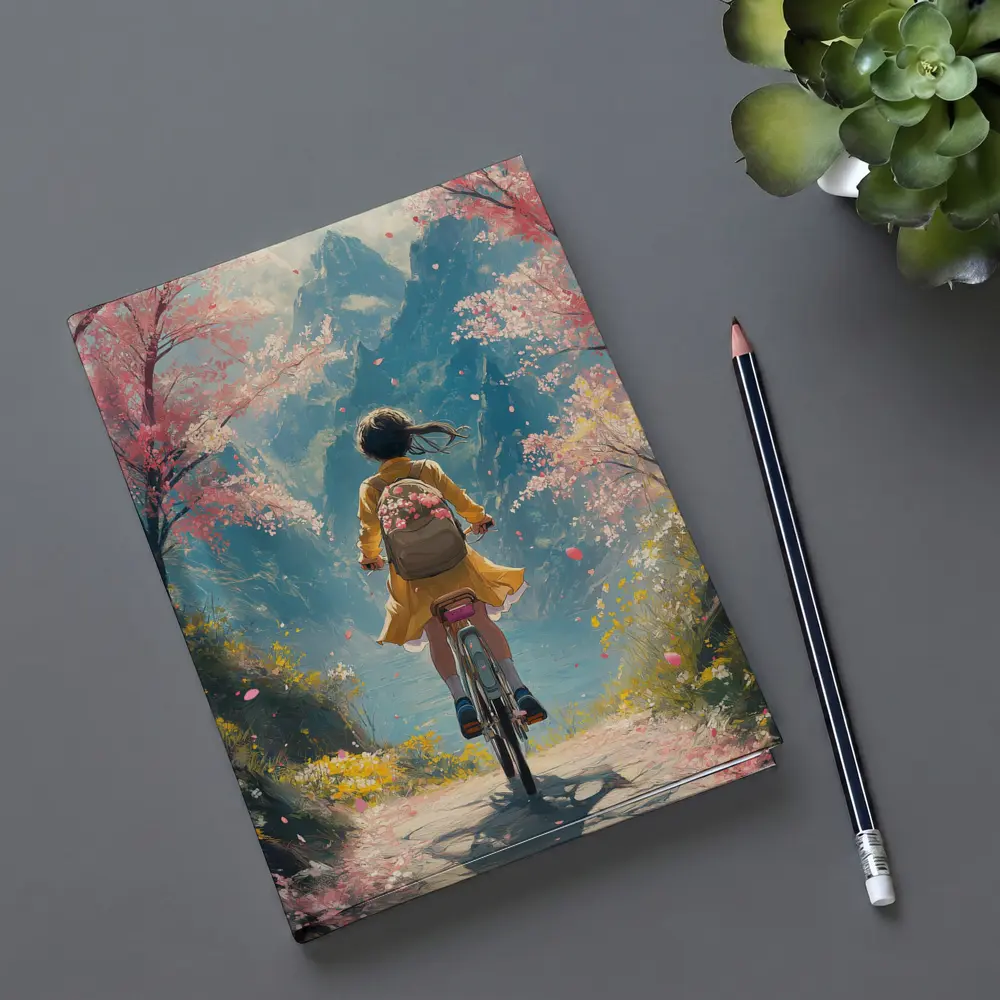 Anime Girl Cycling Cherry Blossom Mountain Path – Notebooks